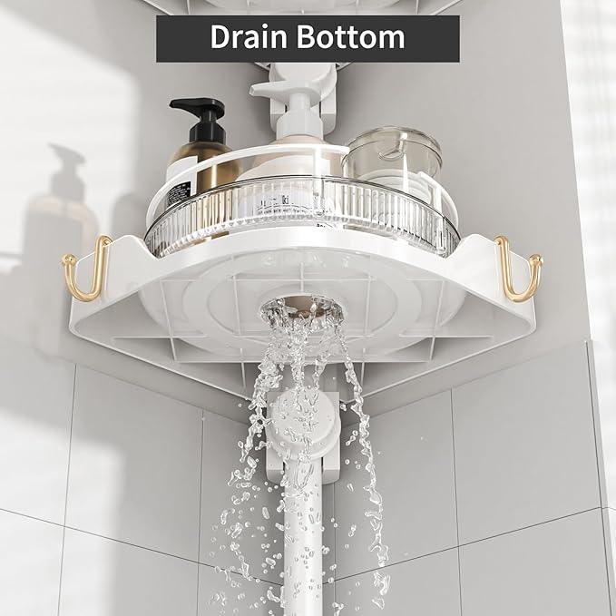 akinbas Shower Caddy Tension Pole with 4 L-Lazy Susan Organizer 360 Rotating 35-128 Inch No Drilling Floor Standing Shelves Adjustable Shower Rack for Bathroom Corner (White) - ModernBath
