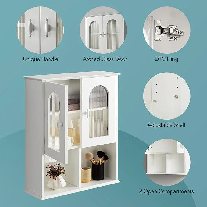 Bathroom Wall Cabinet with Lighting & Tissue Hole, Wall Mounted Glass Door Medicine Cabinet Over Toilet Storage for Laundry Room Kitchen - ModernBath