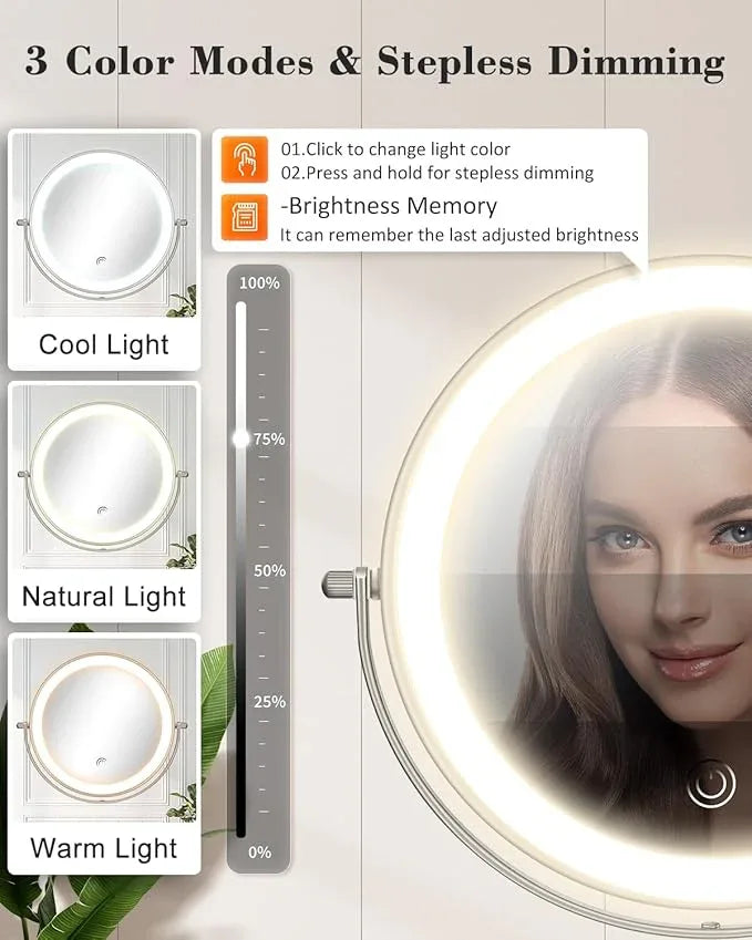 vpu 9" Wall Mounted Makeup Mirror with Light, 20X/1X Height Adjustable Double Sided Magnifying Bathroom Lighted Mirror, 3 Color Touch Dimmable Extended Arm 360 Rotation Light up Magnification Mirrors - ModernBath