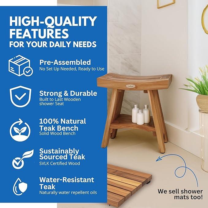 EcoDecors Serenity Teak Wood Shower Bench, 18", Fully Assembled + 4 Pack Teak Care Bundle - ModernBath