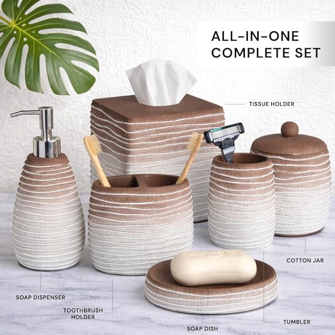 Decozen Bathroom Accessories Set 6Pcs – Soap Dispenser, Toothbrush Holder, Tumbler, Soap Dish & Cotton Swab Jar – Modern Bathroom Decor, Bath Set for Christmas Decor, Antonetta - ModernBath