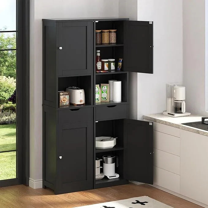Vongrasig Tall Bathroom Storage Cabine, 64”H Freestanding Storage Pantry Cabinet, Narrow Cabinet with Adjustable Shelves, Open compartments for Small Spaces, Bathroom, Living Room, Kitchen, Black - ModernBath