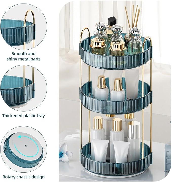 INVSSENE 360° Rotating Makeup Organizer, Bathroom Organizers and Storage Holder Rack, Large Capacity Vanity Shelf Countertop, Fits Cosmetics, Perfume, Skin Care(Blue, 3 Tiers) - ModernBath