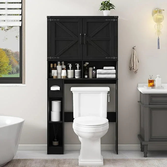 Vabches Over The Toilet Storage Cabinet, Farmhouse Storage Cabinet Over Toilet with 2 Barn Doors && Toilet Paper Holder Stand，Home Space-Saving Toilet Rack, for Laundry, Restroom, Bathroom.Pure Black - ModernBath