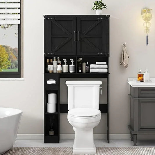 Vabches Over The Toilet Storage Cabinet, Farmhouse Storage Cabinet Over Toilet with 2 Barn Doors && Toilet Paper Holder Stand，Home Space-Saving Toilet Rack, for Laundry, Restroom, Bathroom.Pure Black - ModernBath