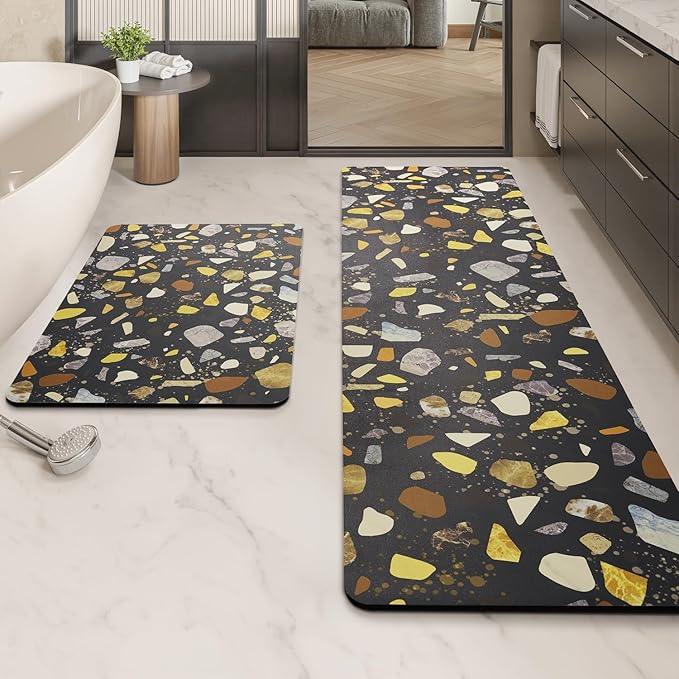 MontVoo -Bath Mat-Non Slip Thin Bathroom Rugs Fit Under Door- Quick Dry Absorbent Faux Suede Surface Grey Bathroom Floor Mats-Shower Rug for in Front of Bathtub Shower Black & Multi Color 17x27.5 - ModernBath