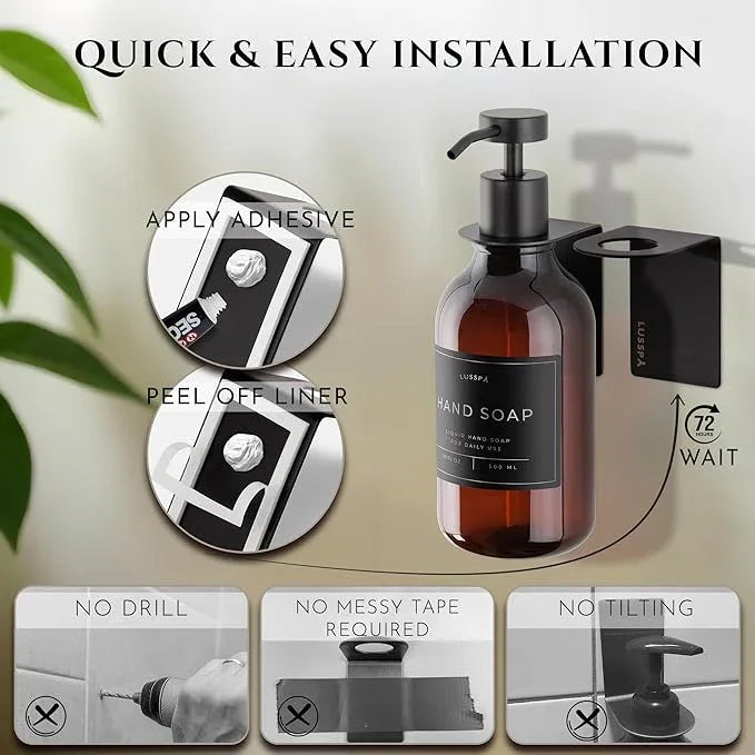 Shampoo & Conditioner Dispenser - Shower Soap Dispenser Wall Mounted - 16.9 Oz Plastic Bottle with Pump & Holder - Shampoo Dispenser - Shower Dispenser Chamber No Drill (1 X Amber/Black) - ModernBath