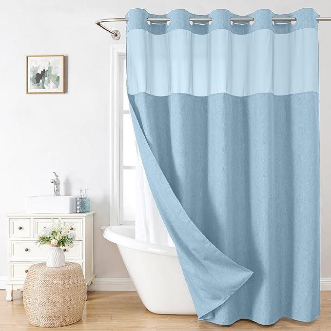 eachope No Hooks Needed Linen Textured Shower Curtain with Snap-in Fabric Liner Set,Hotel Luxury Decor Waterproof Shower Curtains for Bathroom with Mesh Top Window,Washable,71Wx74H,Fog Blue - ModernBath