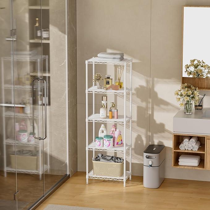 SINGAYE 5 Shelves Storage Shelf Wire Closet Bathroom Organizers Metal Pantry Kitchen Small Garage Shelving Unit Laundry Room Organization Home Corner Rack Estantes para Cocina White 10" Dx16 Wx55”H - ModernBath