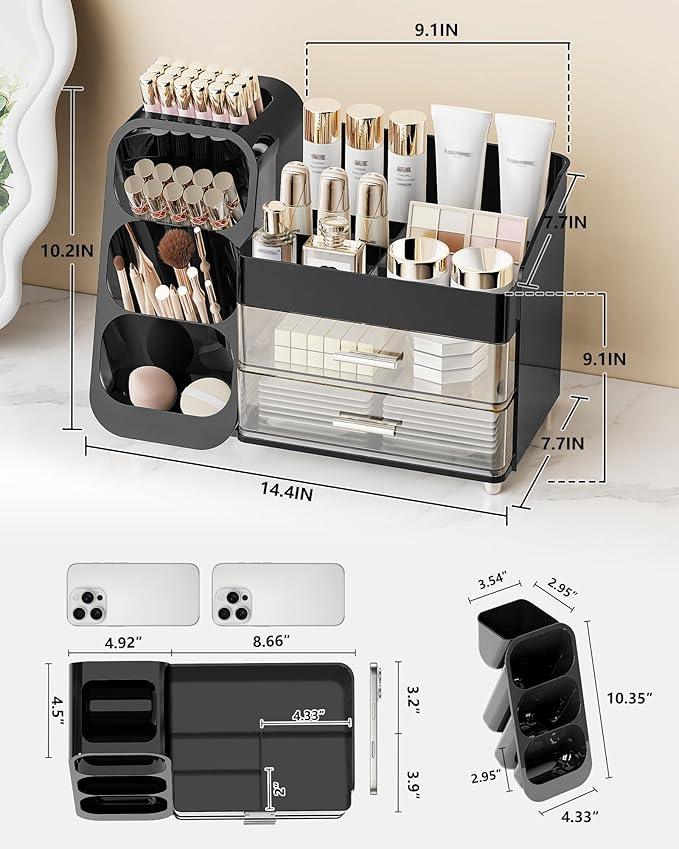 Anylady Makeup Organizer with Drawers, Skincare Organizer (Large Size Thick), Storage Box Cosmetic Display Cases, Make up Organizers for Vanity, Dresser, Desk, Kitchen, Countertop (black) - ModernBath