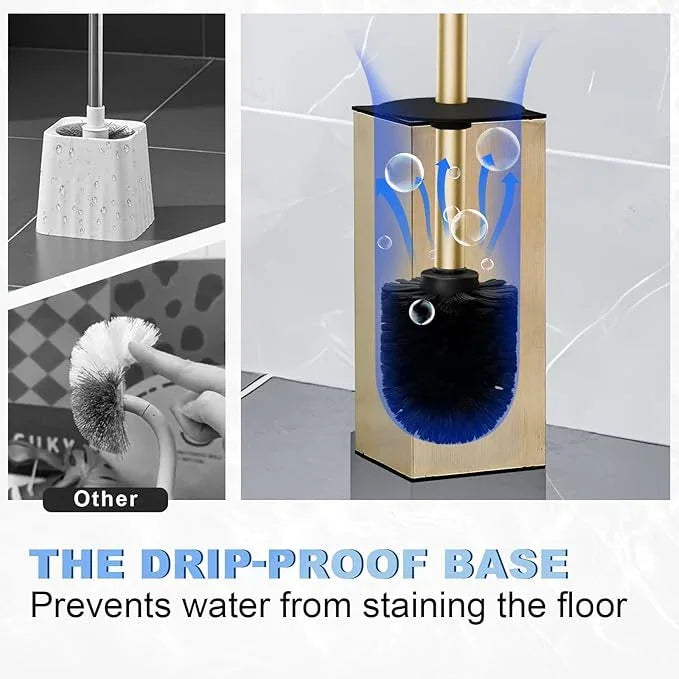 Toilet Brush and Holder Set, NEWRAIN Stainless Steel Toilet Brush with Long Brush Handle, Brushed Gold Toilet Scrubber and Covered Holder, Square Design Sturdy and Space Saving, Covered Brush - ModernBath