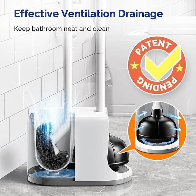 HAMITOR Toilet Plunger Bowl Brush Combo：Heavy Duty Rubber for Drain Clog Remover - Curved Design Bristles for Deep Cleaning Under Rim - Compact Bathroom Cleaning Tools for New Homet Essentials - White - ModernBath