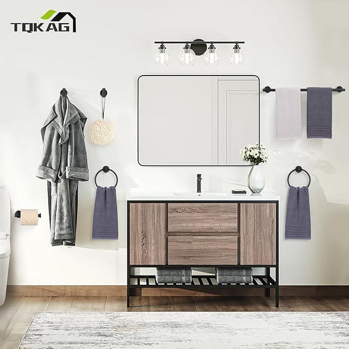 TQKAG Matte Black Bathroom Hardware Set 6-Piece Bathroom Accessory Set 23.6 Inch Round Stainless Steel Towel Bar Set Wall Mounted - ModernBath