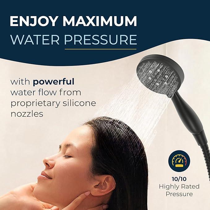 HammerHead Showers® Solid Metal 3-Spray Handheld Shower Head with Long Hose and Holder - MATTE BLACK - WIDE, MASSAGE, and MIST Sprays - 1.8 GPM Low Flow Handheld Showerhead - Water Saving Shower Head - ModernBath