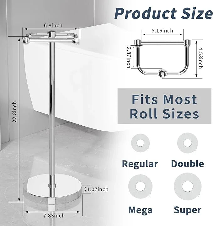 Toilet Paper Holder Stand, Post Pivoting Design Free Standing Toilet Paper Holder, SUS304 Stainless Steel Toilet Paper Roll Holder, Heavy Stable Base (Chrome) - ModernBath