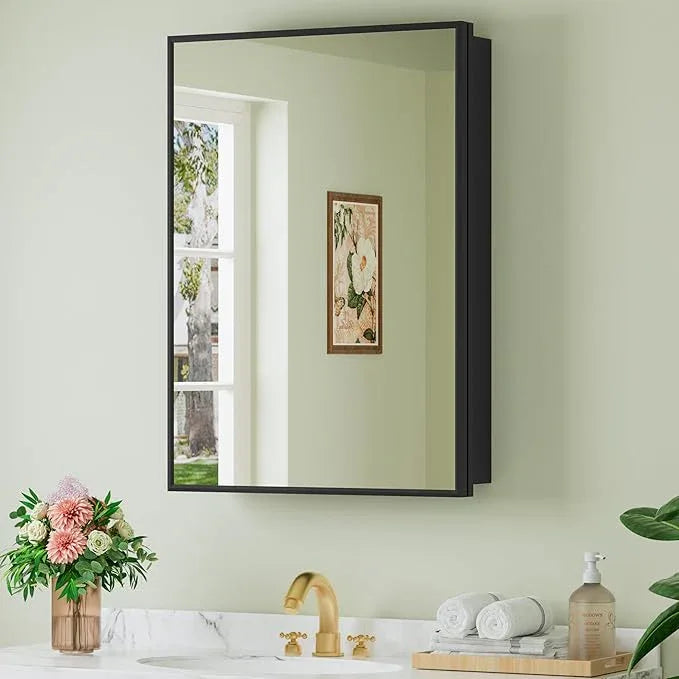 Buruis 20" x 28" Framed Medicine Cabinet with Mirror, Recessed or Wall Mounted Bathroom Cabinet, Adjustable Tempered Glass Shelves, Left/Right Open Reversible, No Assembly Required, Black - ModernBath