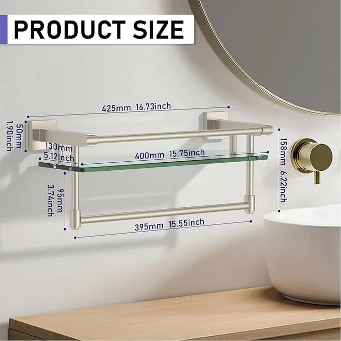 16-Inch Modern Glass Shelf with Towel Bar, 1-Shelf, Brushed Nickel Finish, Wall Mount, Bathroom Organizer - ModernBath