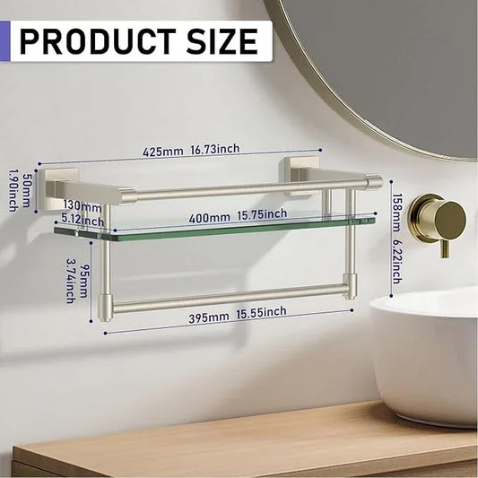 16-Inch Modern Glass Shelf with Towel Bar, 1-Shelf, Brushed Nickel Finish, Wall Mount, Bathroom Organizer - ModernBath