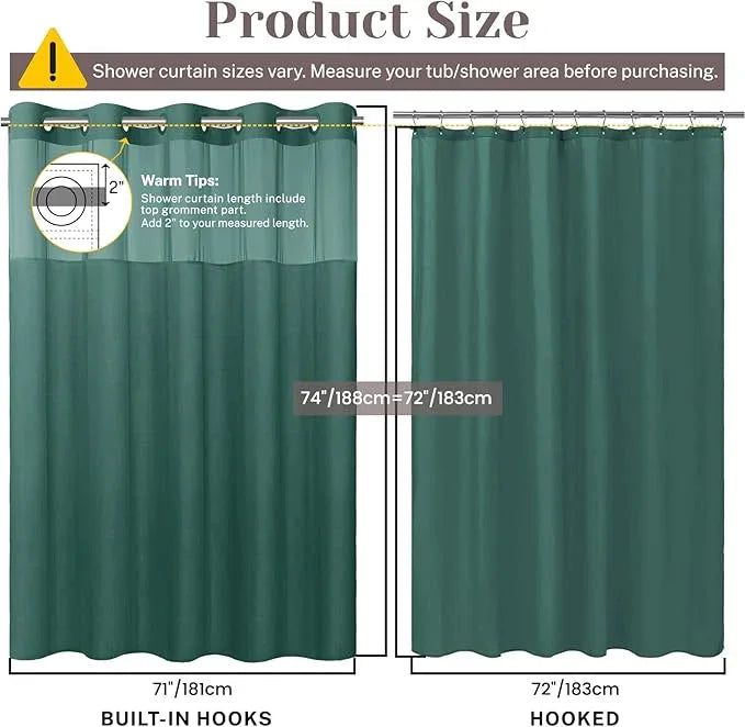 SORTTO No Hook Slub Textured Shower Curtain with Snap in Liner - Peacock Blue Fabric Outer Curtain & Waterproof Inner Liner, Hotel Style with See Through Top Window, 71x74 in - ModernBath