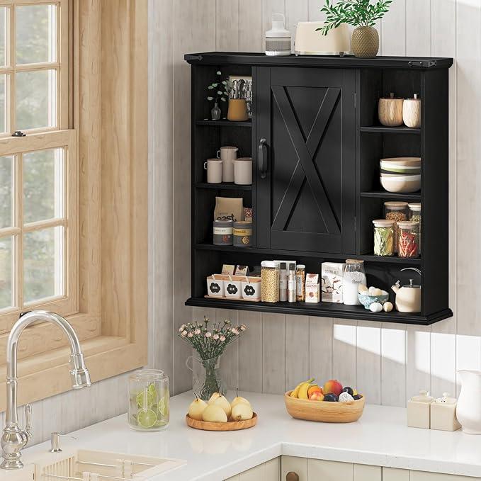 Bathroom Wall Cabinet, Farmhouse Medicine Cabinet with Adjustable Shelves and Barn Doors, Large Wall Mounted Over The Toilet Storage Cabinet for Bathroom, Laundry Room, Kitchen, Rustic Black - ModernBath
