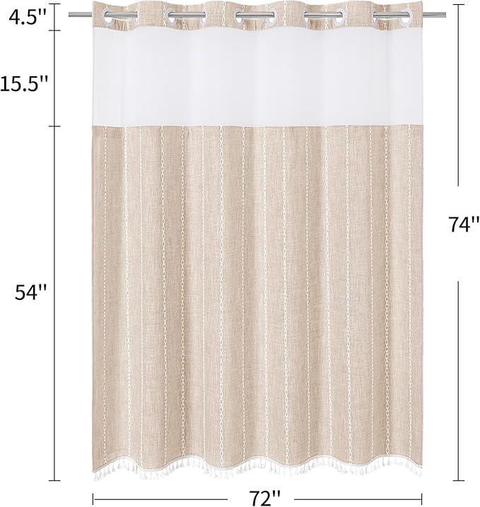 MitoVilla No Hooks Needed Farmhouse Shower Curtain with Snap-in Liner - with Window & Magnets, Boho Cotton Linen Fabric Shower Curtains with Tassels for Rustic Bathroom Decor, Beige/Cream, 72 x 74 - ModernBath