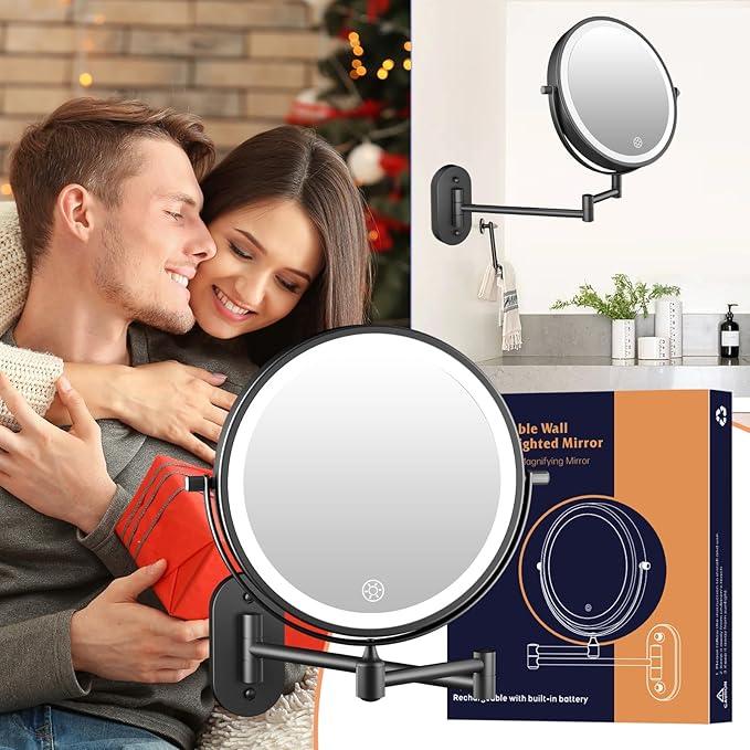 FUNTOUCH Rechargeable Wall Mounted Lighted Makeup Vanity Mirror 8 Inch Double Sided 1X 30X Magnifying Bathroom Mirror, 3 Color Lighting, Touch Dimming, Extended Arm 360 Rotation Light up Mirror Black - ModernBath