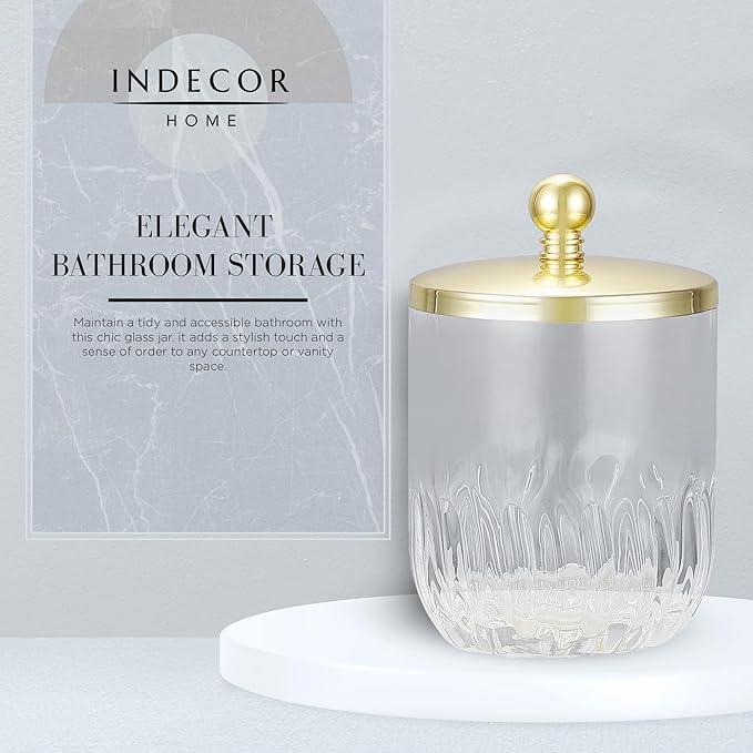 Indecor Home Clear Transparent Apothecary Vertical Wavy Glass Jar With Gold Metal Lid Cover for Bathroom Organization, Cotton Balls, Q Tips, and Small Accessories, Bathroom Storage - ModernBath