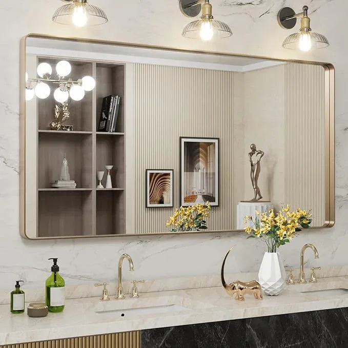 LOAAO 60”X30” Gold Bathroom Mirror, Rounded Rectangle Gold Frame Mirror, Brushed Gold Bathroom Vanity Mirror Wall-Mounted, Anti-Rust, Tempered Glass, Hangs Horizontally or Vertically - ModernBath