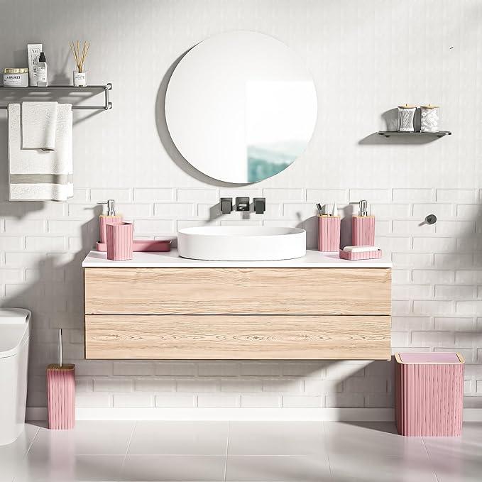 XLHOMO Bathroom Accessories Set - Elegant Pink Bathroom Set, 10PC Bathroom Accessory Set, Toilet Brush, Bathroom Trash Can - ModernBath