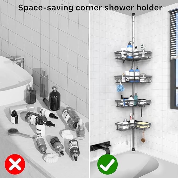 KEGII Corner Shower Caddy Tension Pole - Rustproof Tension Rod Organizer, Floor to Ceiling Shower Caddy 25-114.2 inch, Bathroom Storage Rack Corner Waterproof, Dark Gray - ModernBath