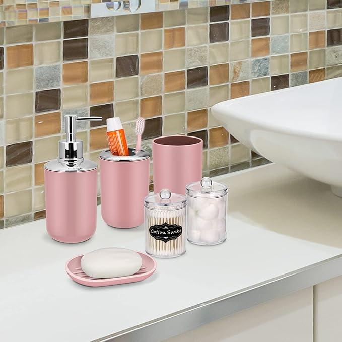 7 Piece Pink Bathroom Set,Soap Dispenser,Toilet Brush,Trash Can & Décor Tray,Complete Accessories for Bathroom Organization & Housewarming Gifts - ModernBath