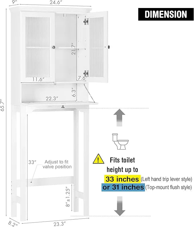Spirich Over The Toilet Storage Cabinet with Muro Glass Doors, Over Toilet Bathroom Organizer with Tilt-Out Cube and Adjustable Shelf, White - ModernBath