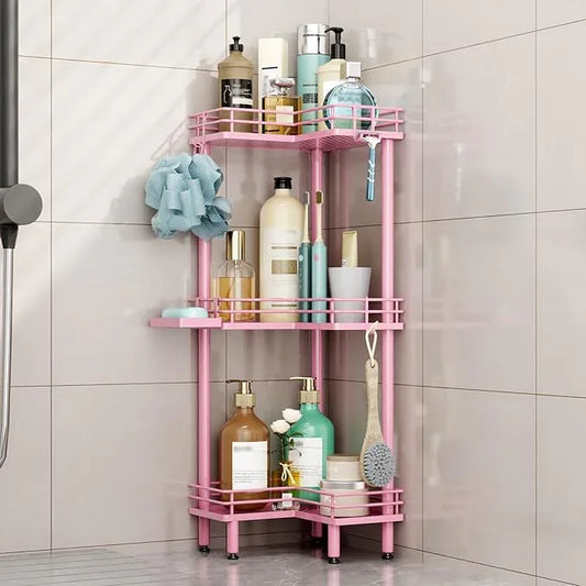 HapiRm Corner Shower Caddy Standing - 3 Tier Shower Organizer Corner with Soap Holder, Rustproof Bathroom Standing Organizer with 4 Hooks, Pink - ModernBath