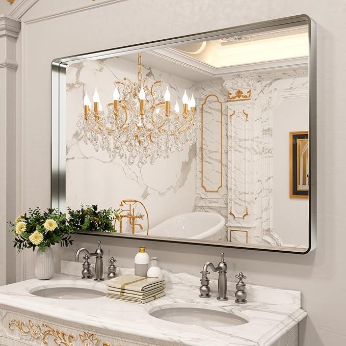 LOAAO 60X40 Inch Brushed Nickel Bathroom Mirror, Rounded Rectangle Silver Metal Frame Mirror, Brushed Nickel, Anti-Rust, Shatter Proof, Hangs Horizontally or Vertically - ModernBath