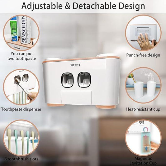 Toothbrush Holder Wall Mounted, WEKITY Multi-Functional Toothbrush and Toothpaste Dispenser for Bathroom, with 5 Toothbrush Slots, 2 Toothpaste Squeezers and 4 Cups(Pink) - ModernBath