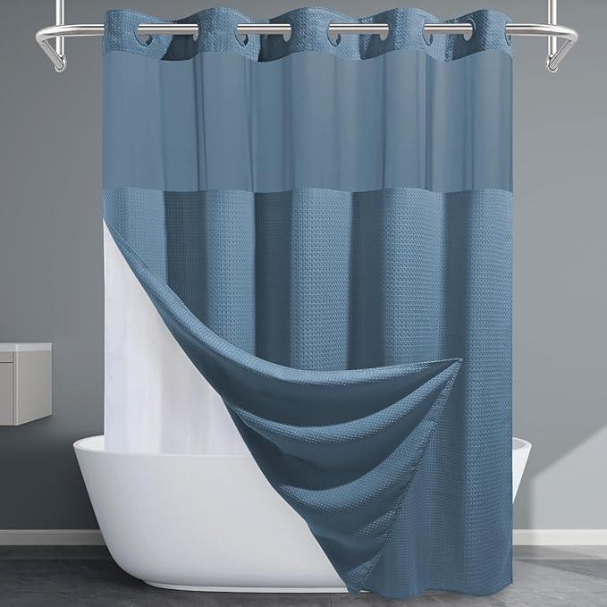EUTXL Moonlight Blue No Hook Shower Curtain with Snap in Liner,230GSM Waffle Weave Shower Curtains for Bathroom,71W x 74H - ModernBath