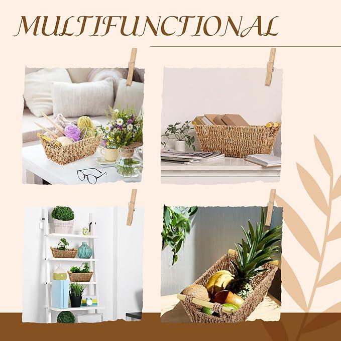 Marsui 12 Pcs Small Hand Woven Wicker Baskets with Wooden Handles, Seagrass Rattan Storage Baskets Bin Organizer Shelf Pantry for Bathroom Storage Towel Kitchen Washroom Gifts Decor, 9" x 6" x 4" - ModernBath
