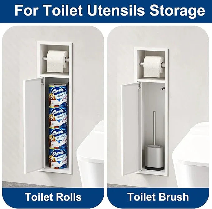Recessed Toilet Paper Holder, SUS304 Stainless Steel Rustproof Recessed Toilet Paper Holder with Storage Cabinet, in Wall Tissue Paper Holder for Bathroom, Matte White, 4.7" Depth - ModernBath