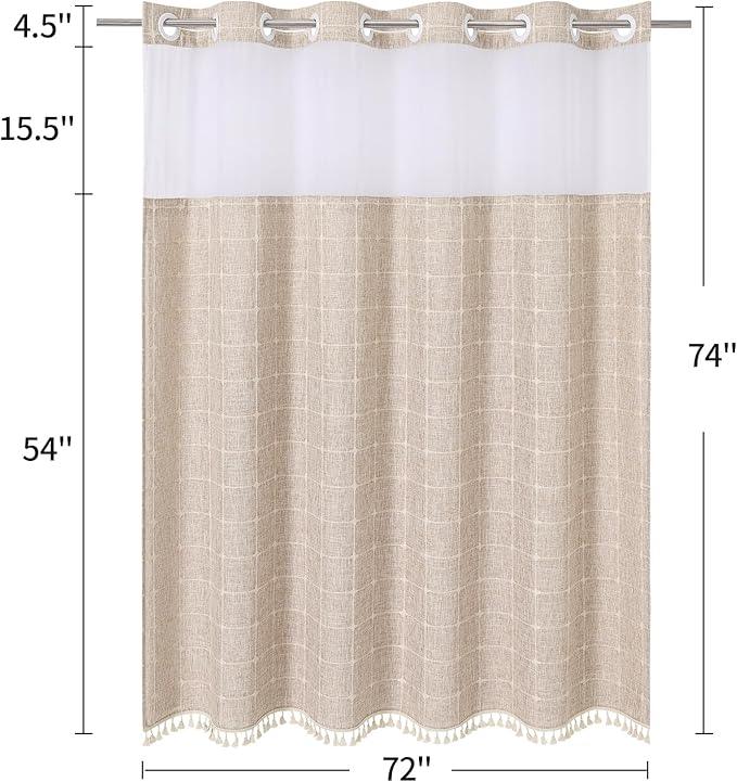 MitoVilla No Hooks Required Farmhouse Shower Curtain with Snap-in Liner - with Window & Magnets, Boho Cotton Linen Fabric Shower Curtains with Tassels for Rustic Bathroom Decor, Tan/Taupe, 72 x 74 - ModernBath