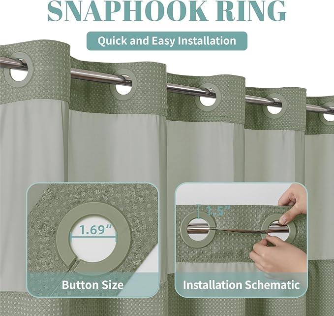 eachope SageGreen No Hook Waffle Weave Shower Curtain with snap-in Liner Replacement, 230GSM Waterproof Fabric Hotel Shower Curtain Set for Bathroom, Through Mesh Top Window,60Wx74H - ModernBath