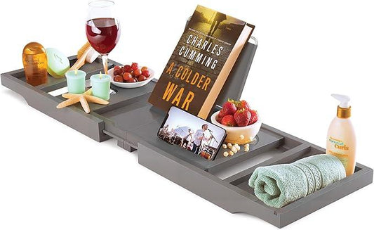Wooden Bathtub Tray - Foldable & Expandable Bamboo Bath Tray for Tub with Wine Holder, Book & Tablet Stand - Bath Caddy Tray for Bathtub, Spa Bath Accessories, Tub Tray Table, Gift Idea for Her (Gray) - ModernBath