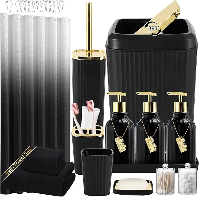 WSBArt 32PCS Black Bathroom Accessories Bathroom Set,Black Shower Curtain, Bath Towel Set,Hand Towel,Toilet Brush,Trash Can & 3PCS Soap Dispensera - ModernBath