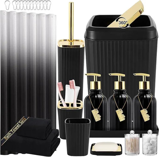 WSBArt 32PCS Black Bathroom Accessories Bathroom Set,Black Shower Curtain, Bath Towel Set,Hand Towel,Toilet Brush,Trash Can & 3PCS Soap Dispensera - ModernBath