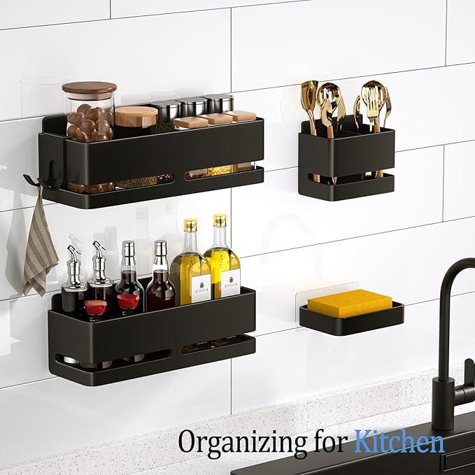 Bathroom Storage Rack (5-Piece Set), Wall-Mounted Shelf with soap Dish and Toothbrush Holder, no Drilling Required, Ideal for Bathroom Storage and Also Suitable for Kitchen (Black) - ModernBath