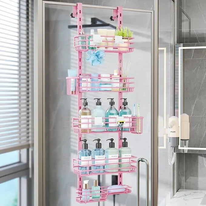 Consumest Over The Door Shower Caddy - 5 Tier Adjustable Shower Organizer Hanging with 2 Toothbrush Holders & 4 Hooks, Rustproof Organizer Shelf, Storage Rack for Bathroom, Pink - ModernBath