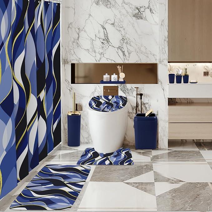 XLHOMO Bathroom Set - Blue and Gold Bathroom Accessories, Bathroom Sets with Shower Curtain and Rugs, Navy Blue Shower Curtain Set with Bathroom Trash Can, Soap Dispenser, Soap Dish for Home Decor - ModernBath