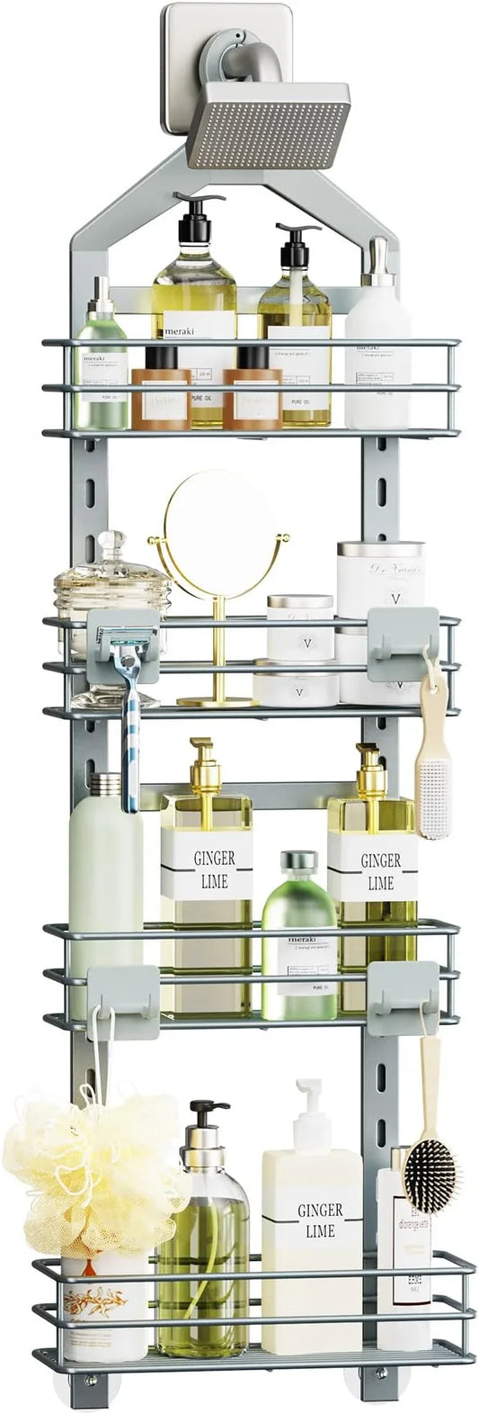 Orimade 4 Tier Adjustable Anti-slip Shower Caddy over Shower Head,Rustproof Bathroom Hanging shower Organizer with 4 Hooks for Razor,No Drilling Shower shelves Storage Rack, Light Grey - ModernBath