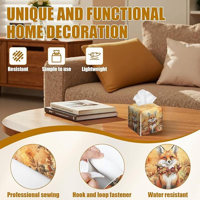 Autumn Fox Pumpkin Tissue Box Cover 2PCS, Leather Tissue Box Holder Square Facial Paper Case Tissue Box Cube Organizer for Bathroom Bedroom Desk Office - ModernBath
