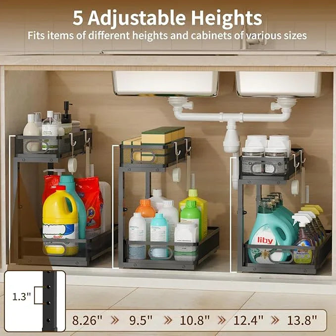 Under Sink Organizer 1 Pack, 2-Tier Slide Out Cabinet Organizer with Metal Sliding Drawer and Hooks, Pull Out Storage Baskets for Kitchen Bathroom Pantry Cabinet Organization (Black (1 pack)) - ModernBath