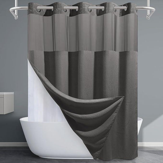 EUTXL Charcoal Grey Long No Hook Shower Curtain with Snap in Liner,230GSM Waffle Weave Shower Curtains for Bathroom,71W x 86H - ModernBath